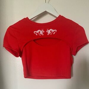Bershka Red Crop Top with Dragon Embroidery